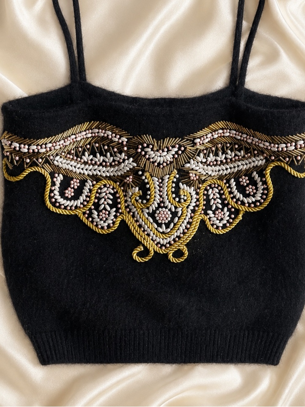 Vintage Carducci black angora-wool beaded cami top.